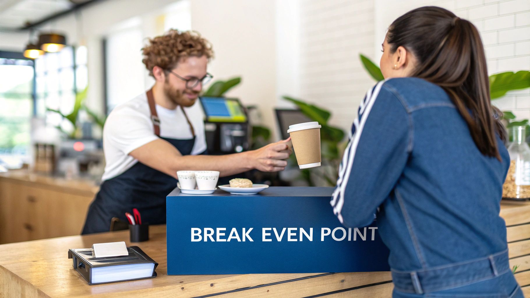 A person pointing at a financial chart on a tablet, illustrating a break-even analysis.