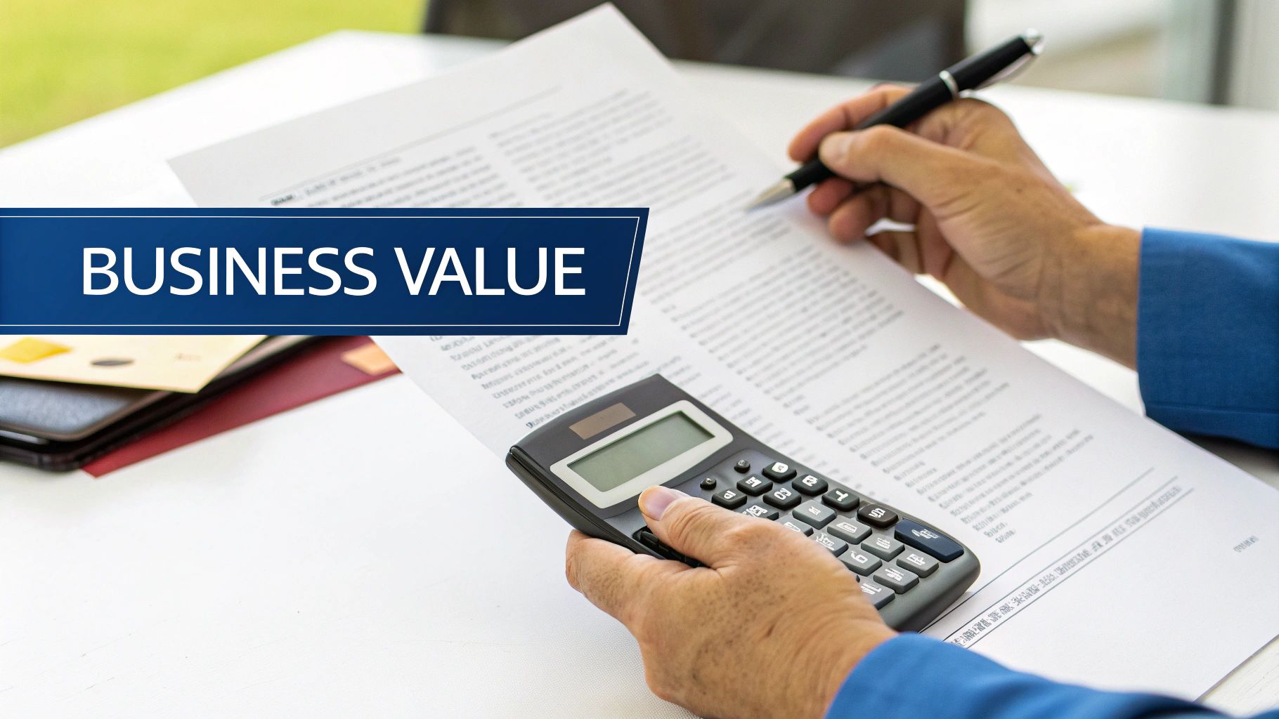 A magnifying glass hovering over financial documents, symbolising business valuation.