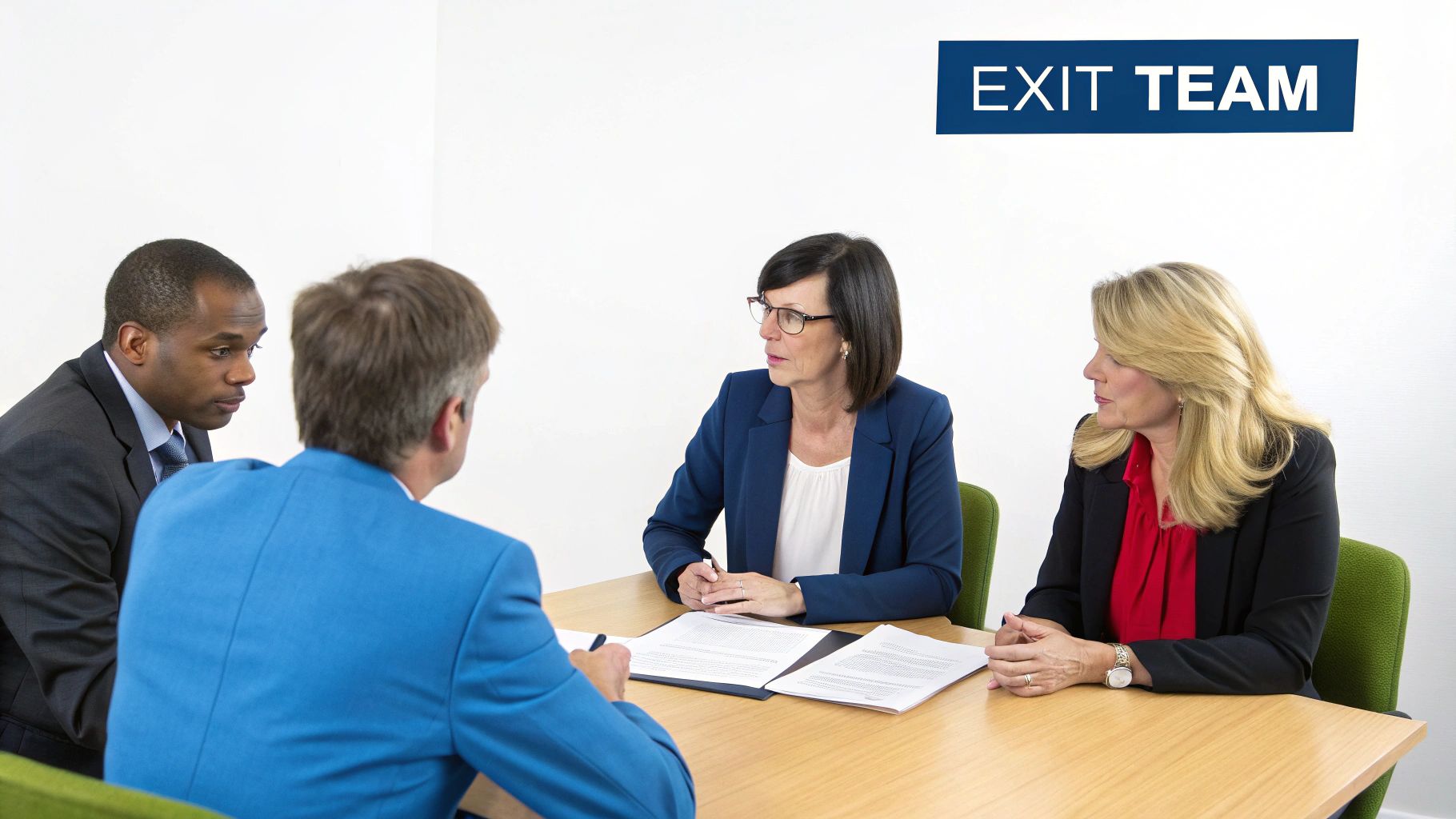 A group of professionals in suits discussing plans around a modern office table.