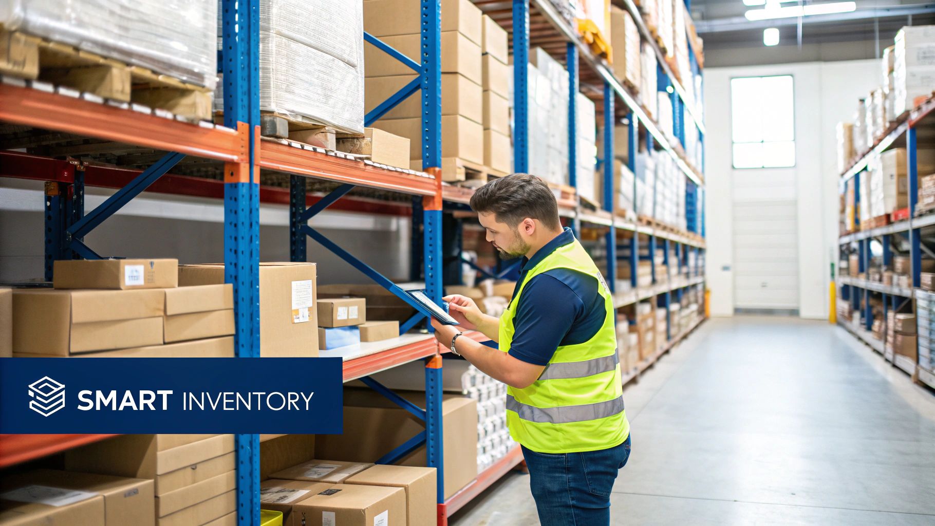 A person in a warehouse checks inventory levels on a tablet, with organised shelves of products in the background.
