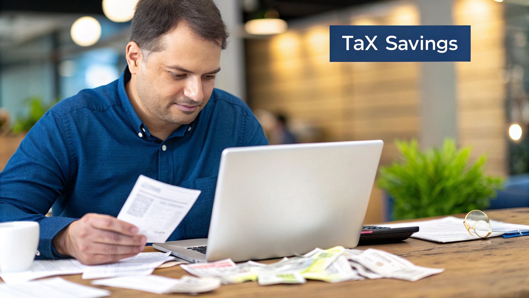 A person at a desk with a calculator, reviewing financial documents and a laptop, illustrating the process of calculating tax deductions.