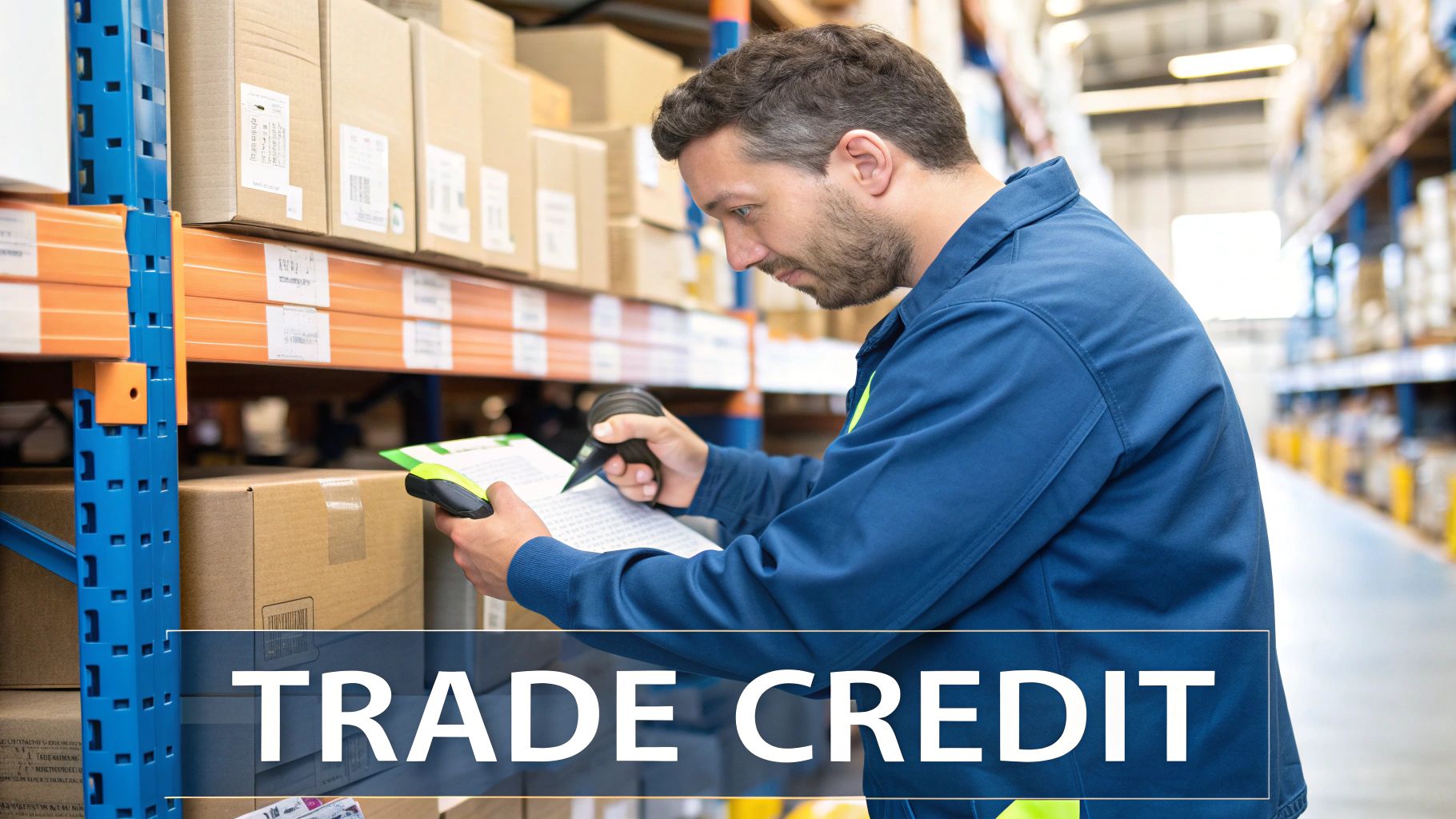 A professional handshake between a small business owner and a supplier in a warehouse setting, symbolizing a new trade credit agreement.