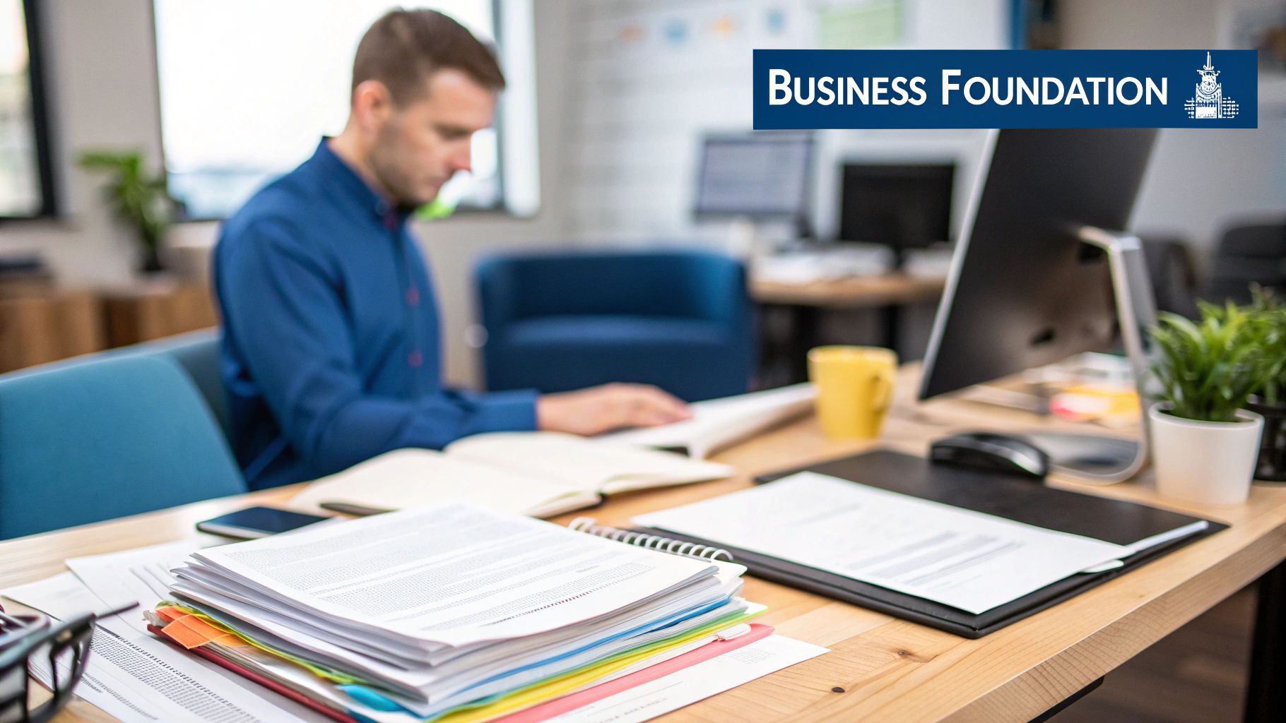 A person working on a laptop at a desk with organized financial documents and a plant nearby, representing a solid business foundation.
