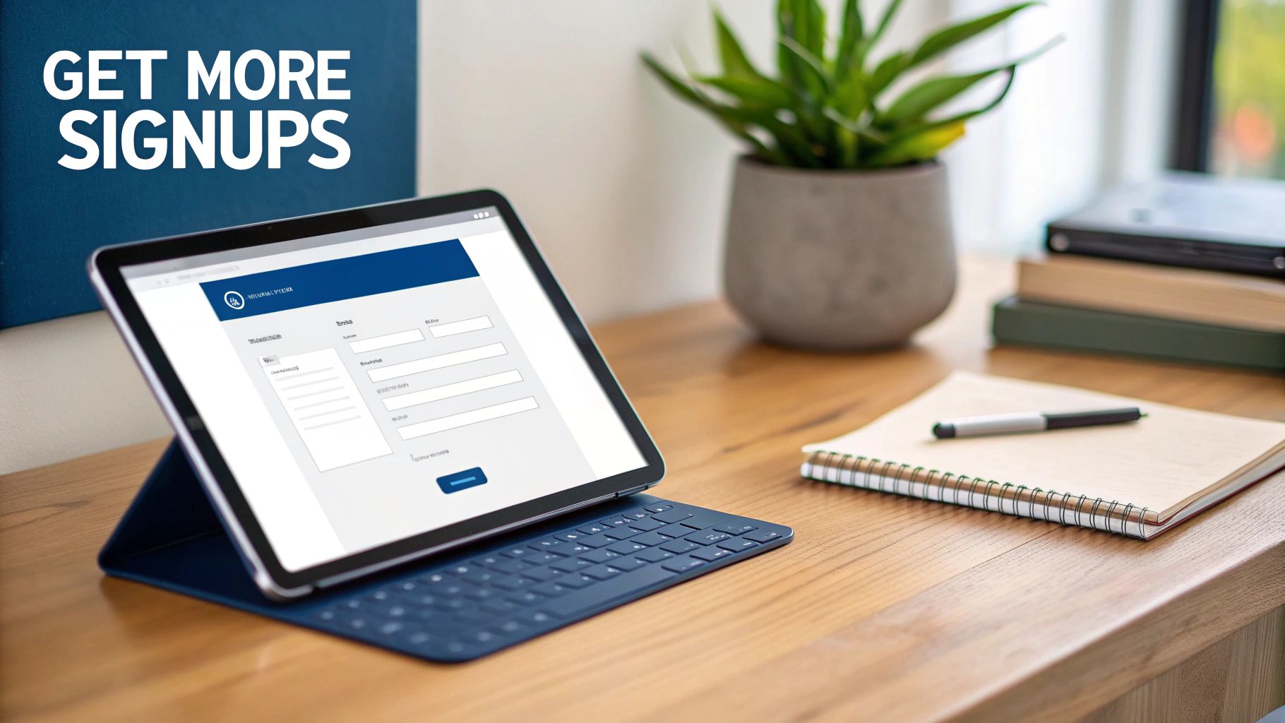 Tablet displaying registration form on desk for building email list and getting more signups