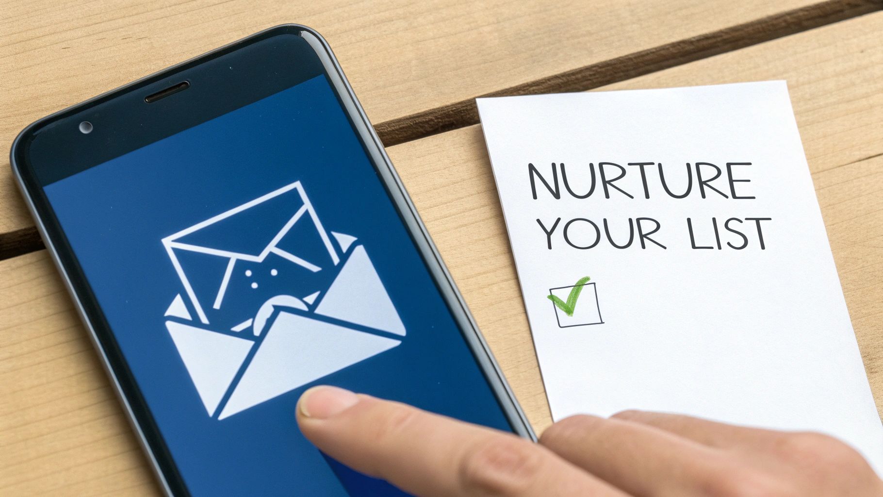 Hand holding smartphone with email icon next to note saying nurture your list with checkmark
