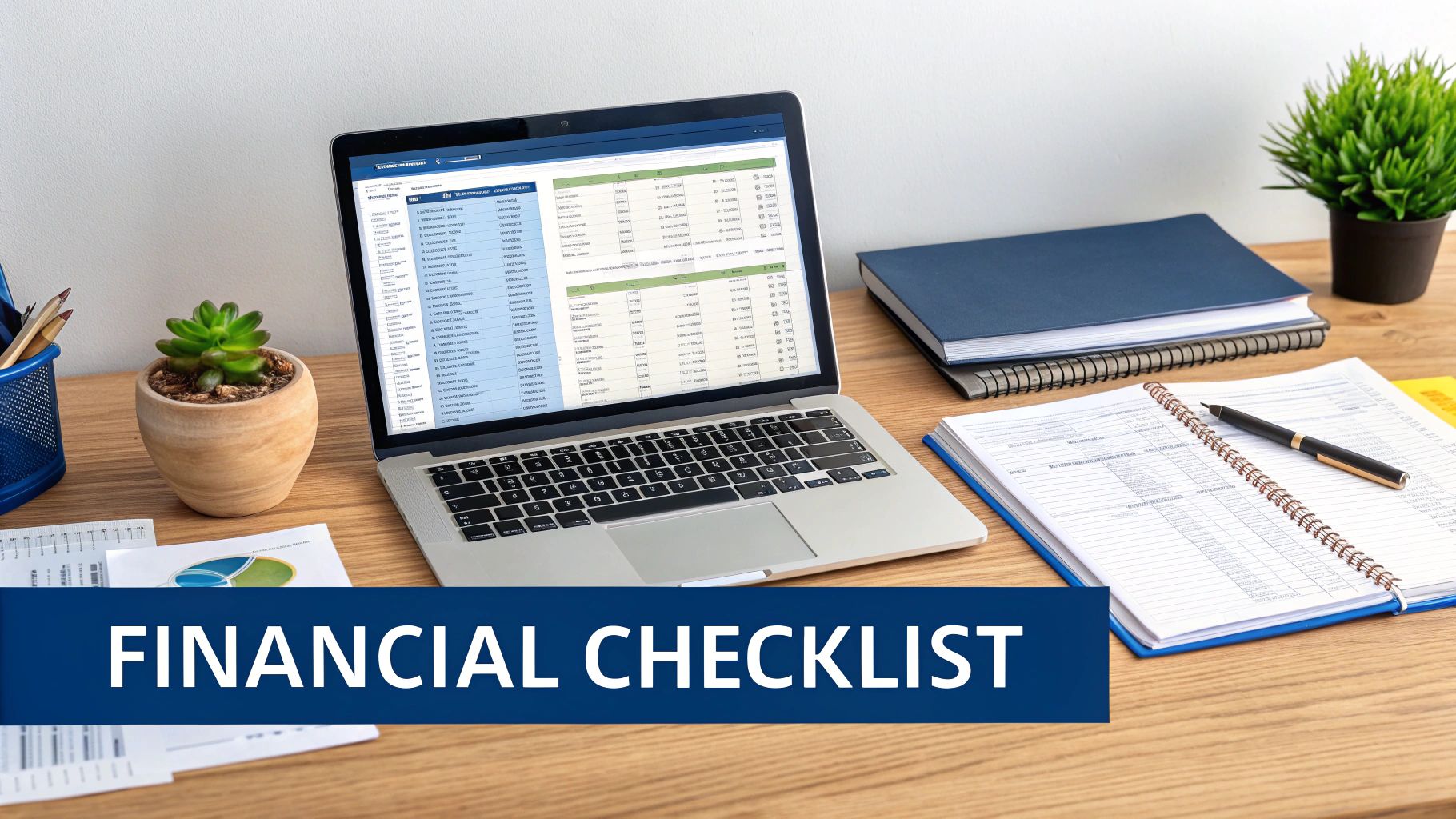 A desk with financial documents, a calculator, and a laptop displaying spreadsheets.