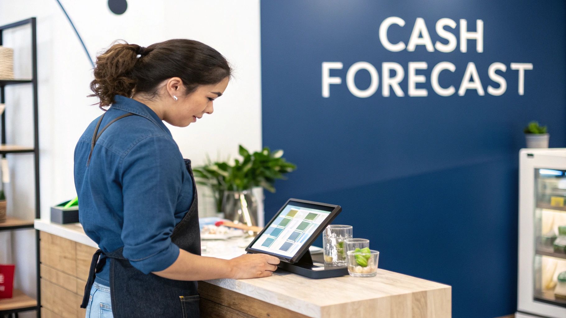 A person working on a financial forecast on a laptop with charts and graphs visible.
