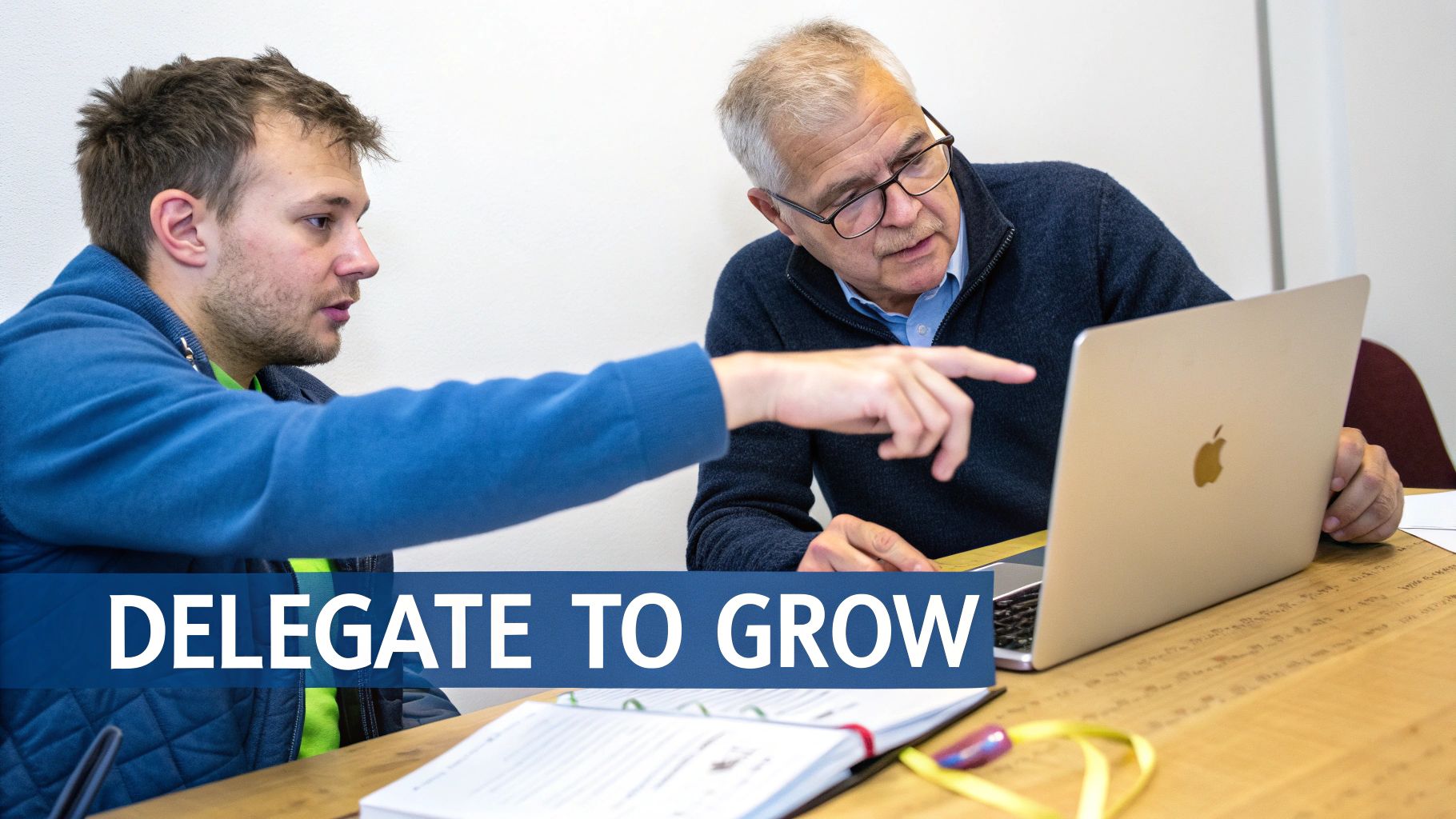 Two men, one younger pointing at a laptop, collaborate on a task, with 'DELEGATE TO GROW' overlay.