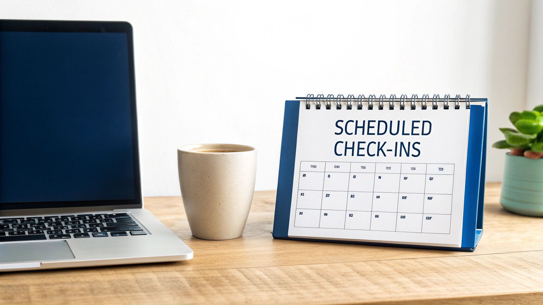 A minimalist desk setup with a laptop, coffee mug, and a 'SCHEDULED CHECK-INS' calendar.