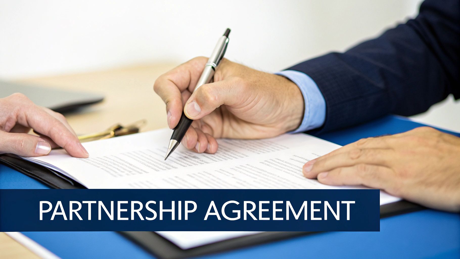 Two business partners formally signing a partnership agreement in an office.