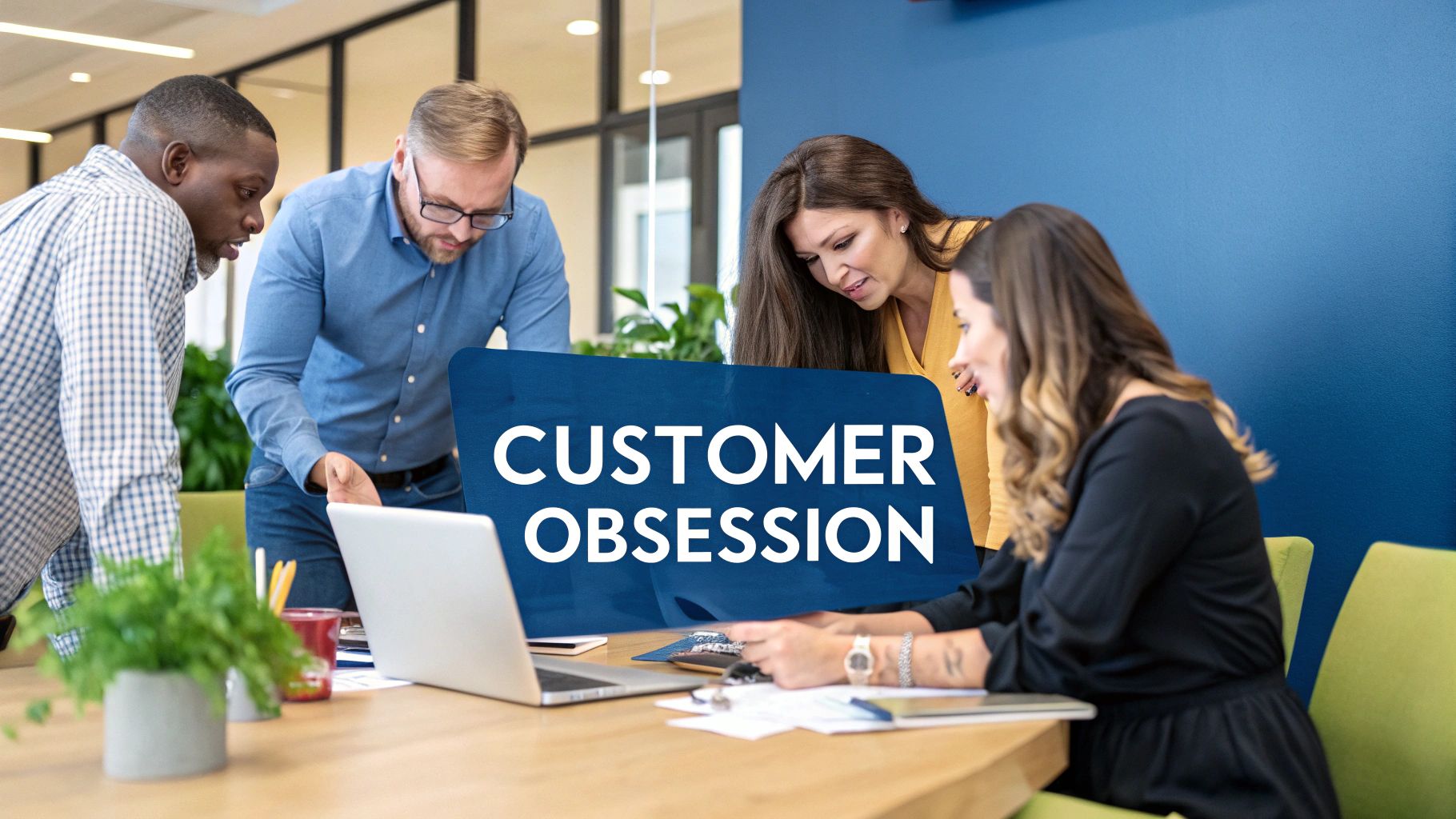 A diverse team of customer service professionals collaborating and smiling in a bright, modern office space.