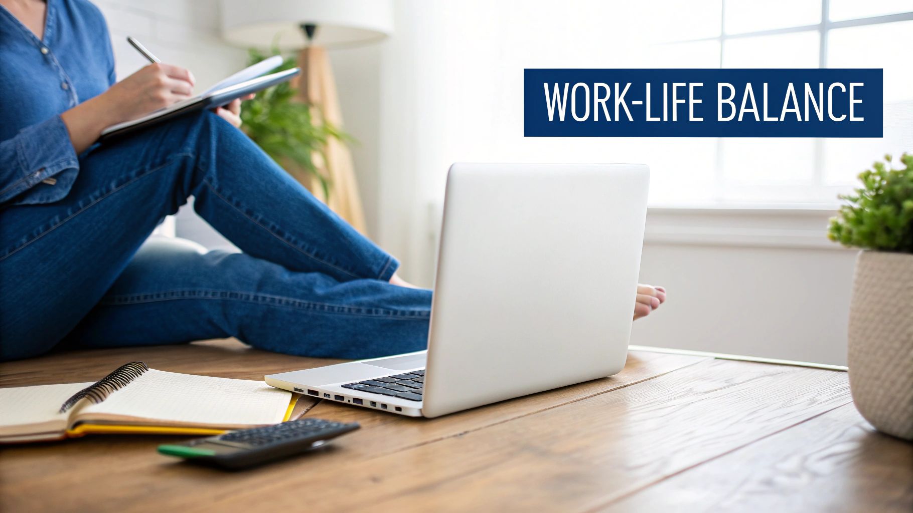 Person working from home on laptop with notebook achieving work-life balance