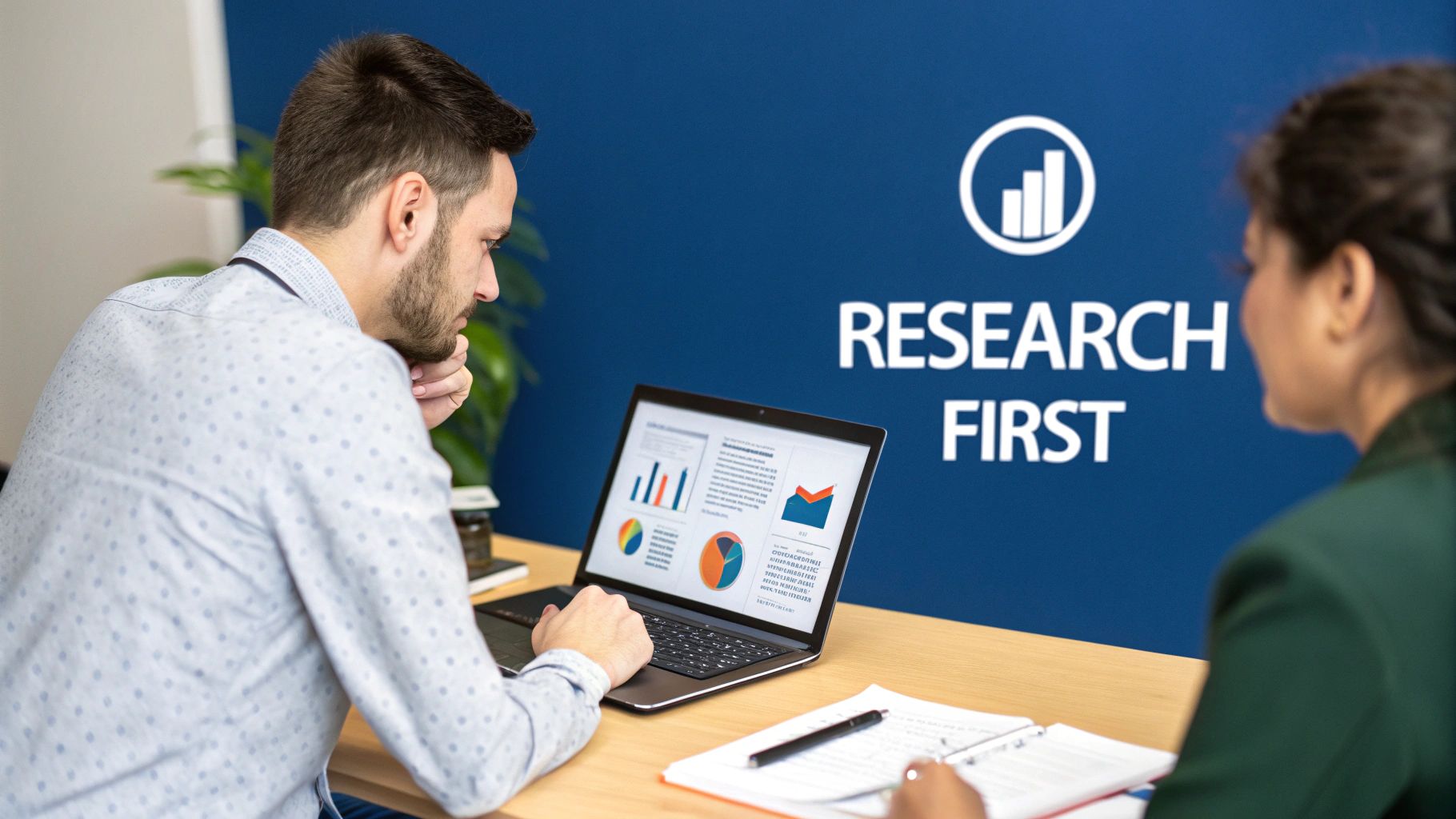 A person at a desk thoughtfully planning a business proposal with sticky notes and a laptop.