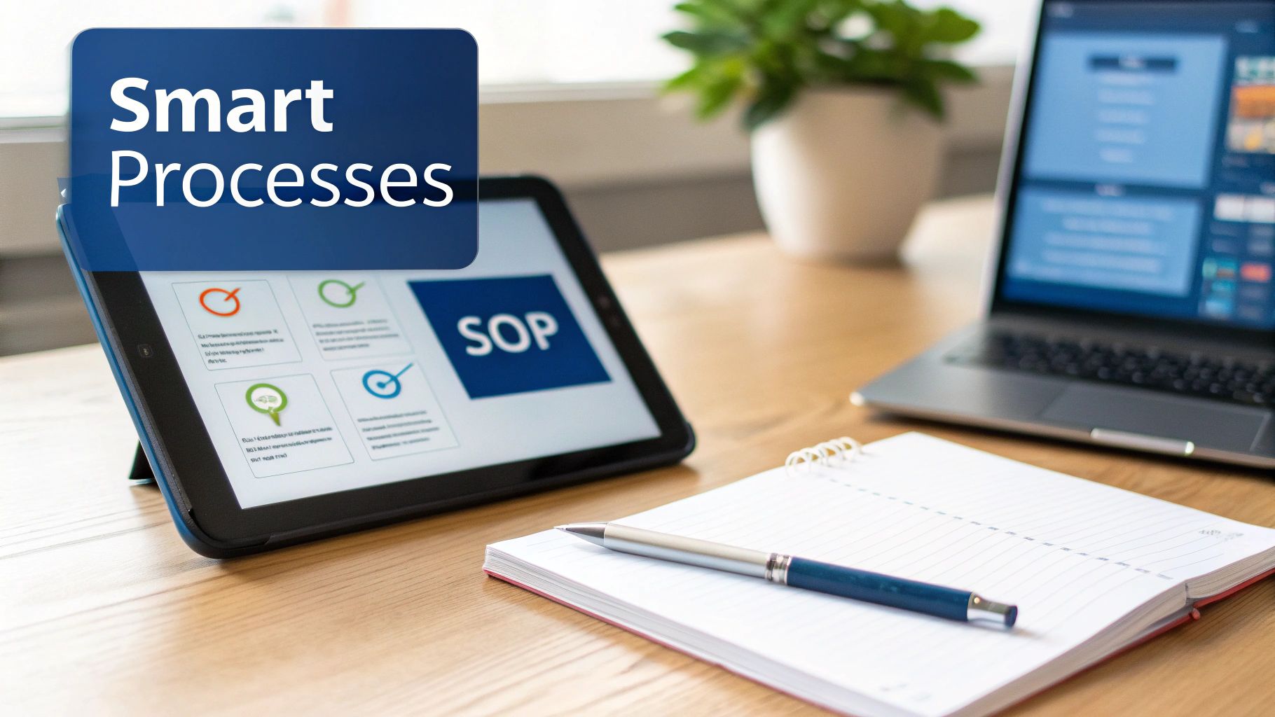 A team collaborating around a whiteboard with flowcharts and process diagrams, illustrating the design of smarter business processes.