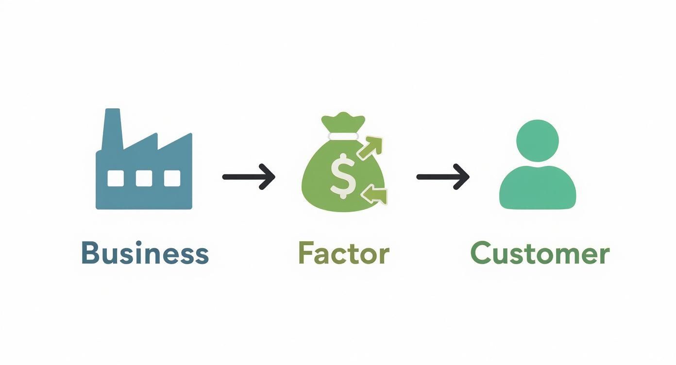 A visual explanation of invoice factoring, showing the steps from business to factor to customer.