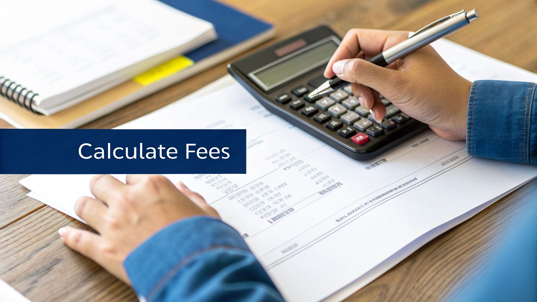 A person's hands using a calculator and pen on documents, calculating fees on a wooden desk.