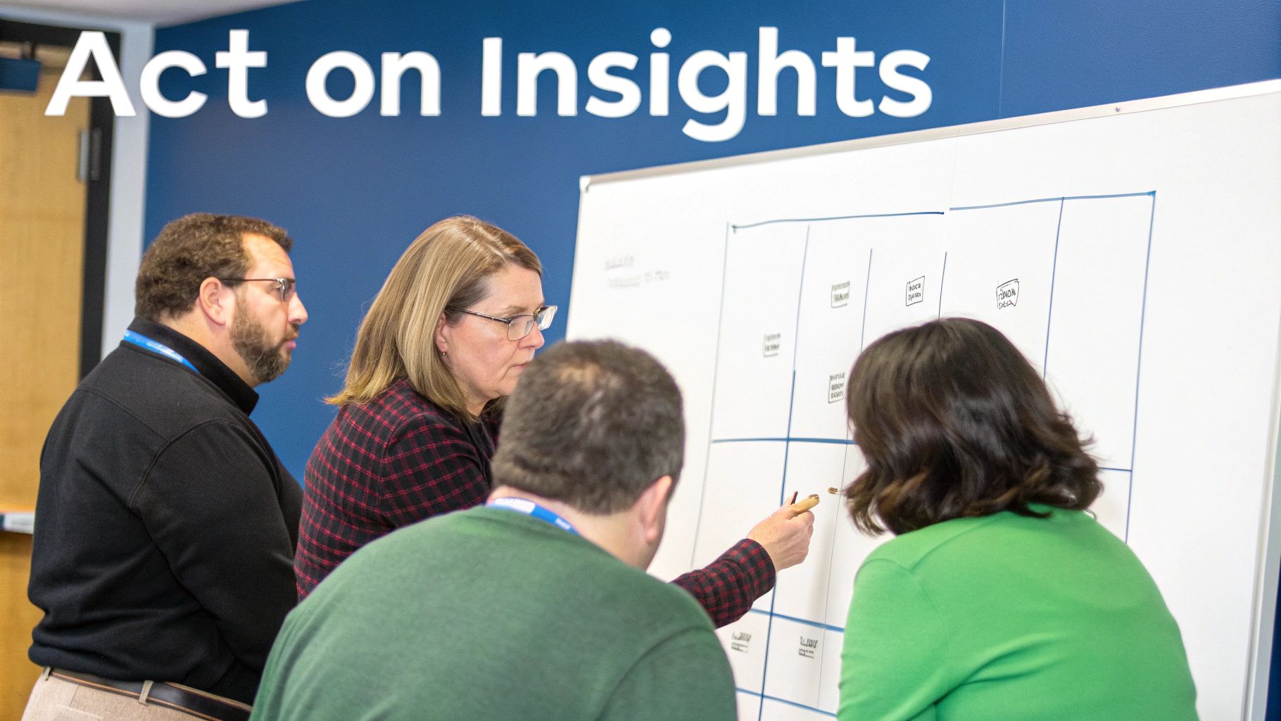 A person looking at a question mark on a screen, surrounded by business icons and charts.