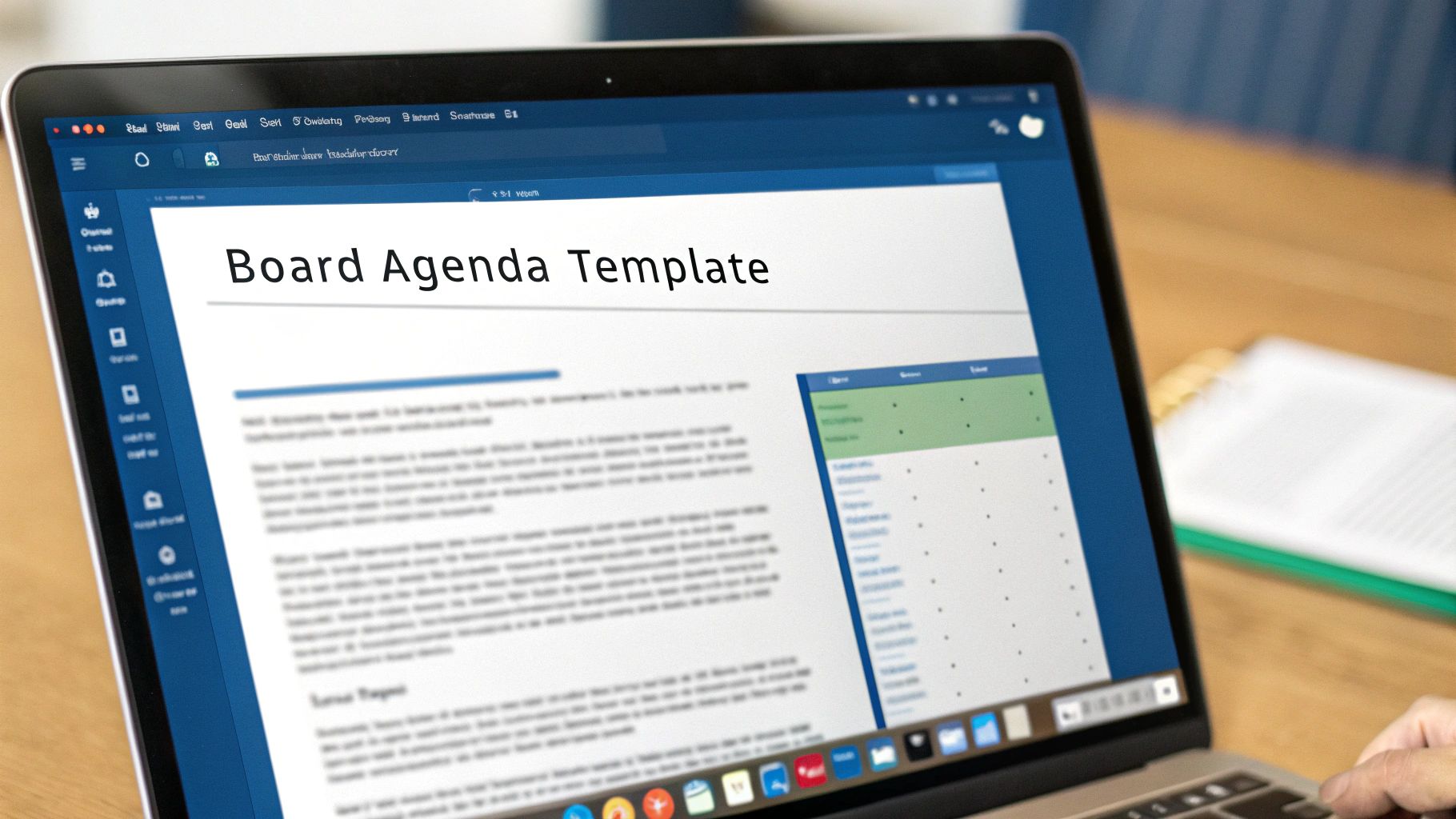 A customisable board meeting agenda template shown on a laptop screen, ready for download.