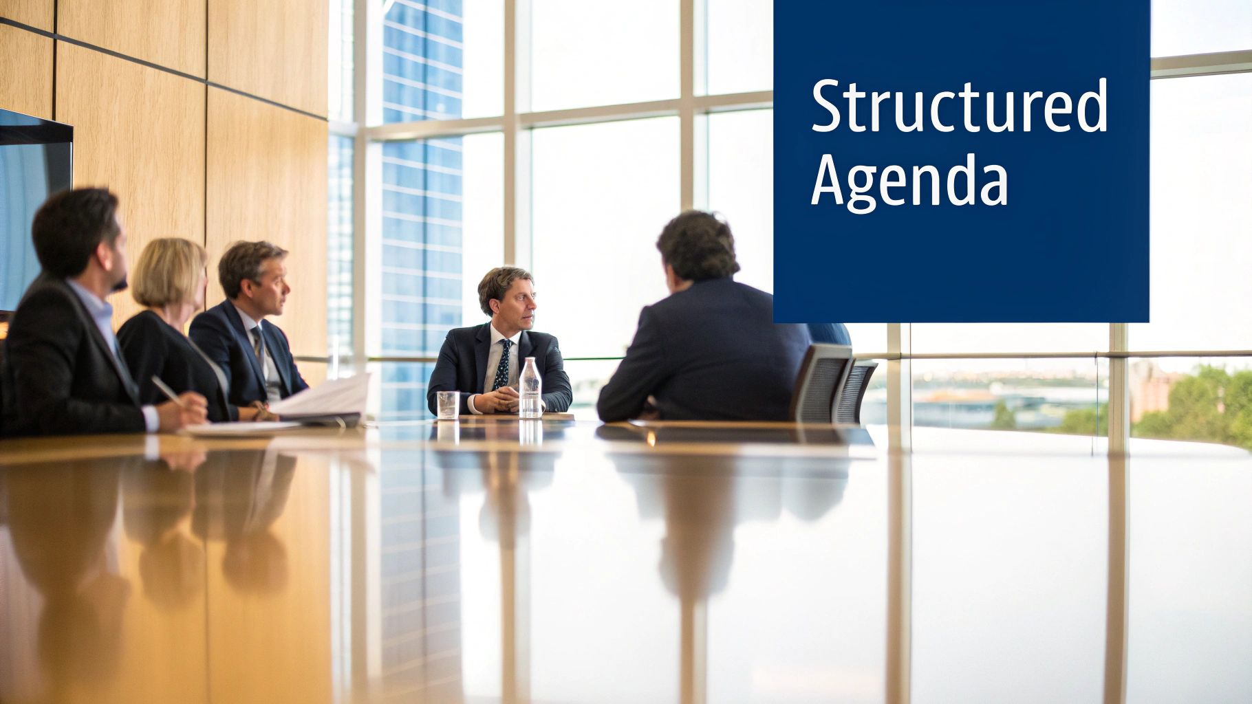 A team of professionals in a formal board meeting, reviewing documents around a large table.
