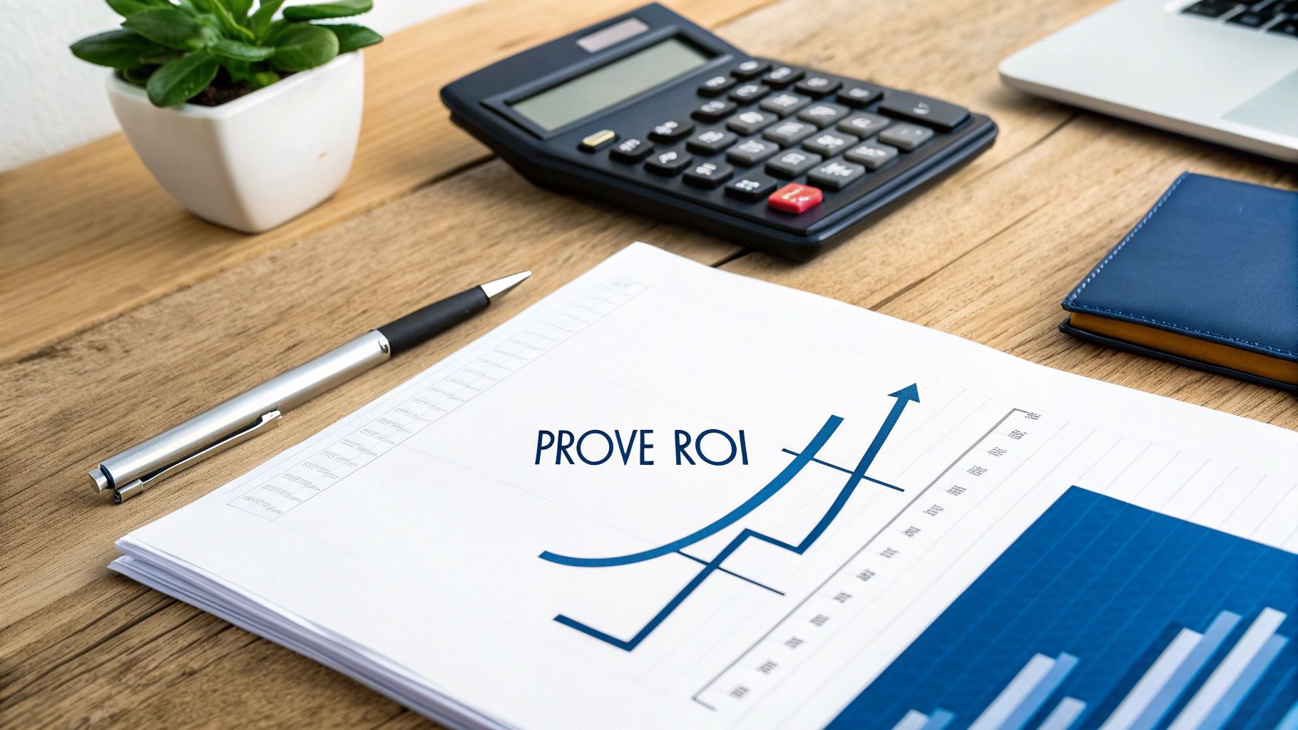 A person pointing to a chart on a tablet, showing positive financial projections and ROI data.