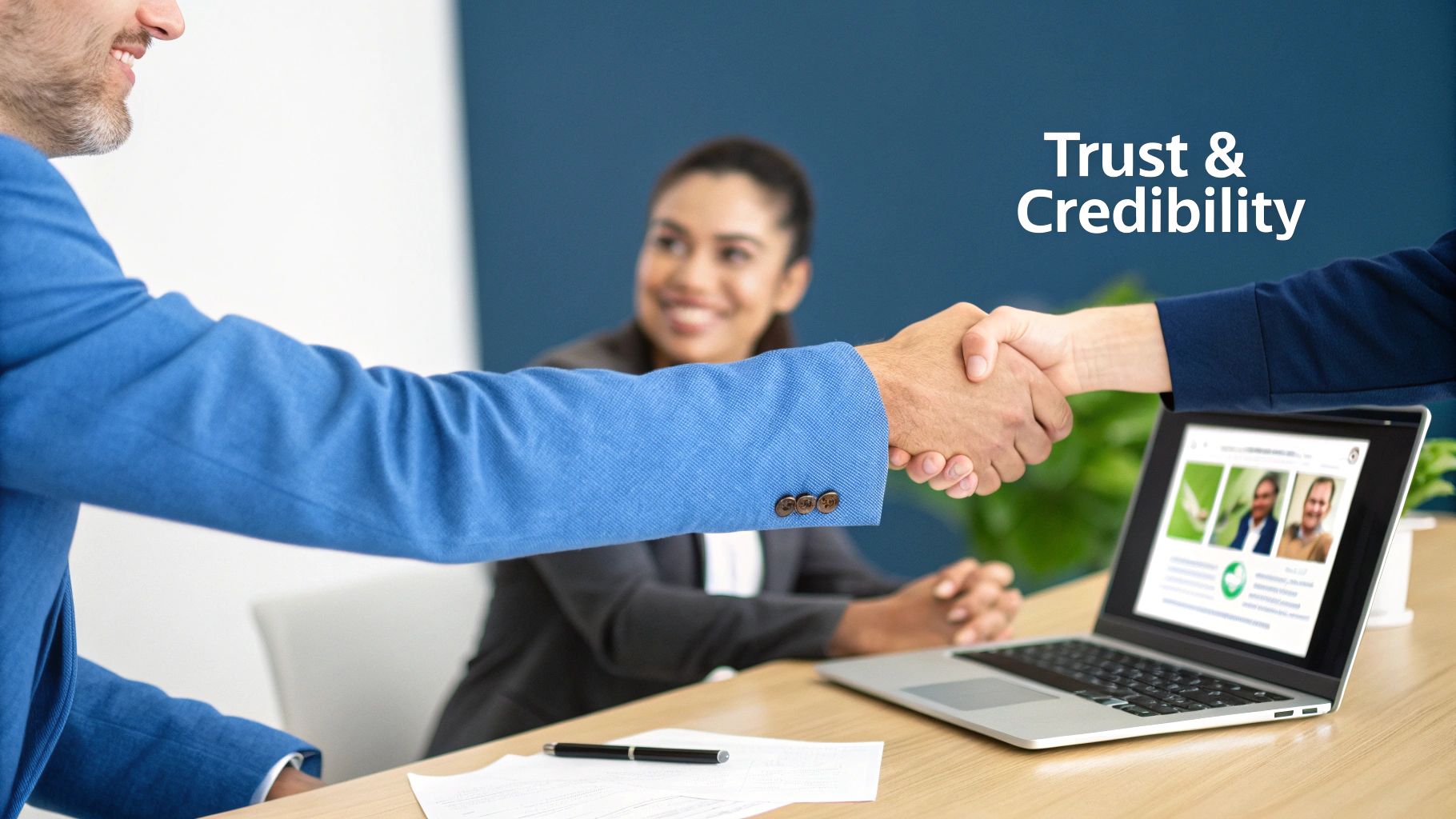 A diverse team collaborates around a table, building trust and showcasing credibility.