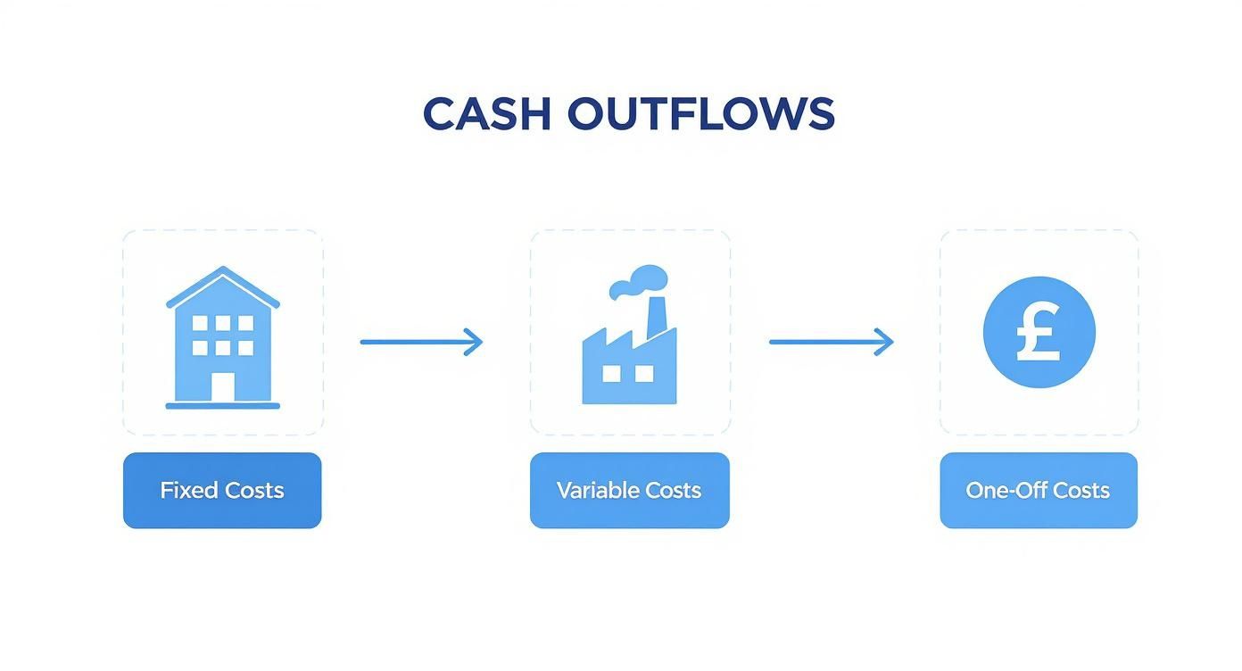 An infographic showing the process flow of cash outflows, with icons for Fixed Costs, Variable Costs, and One-off Costs.