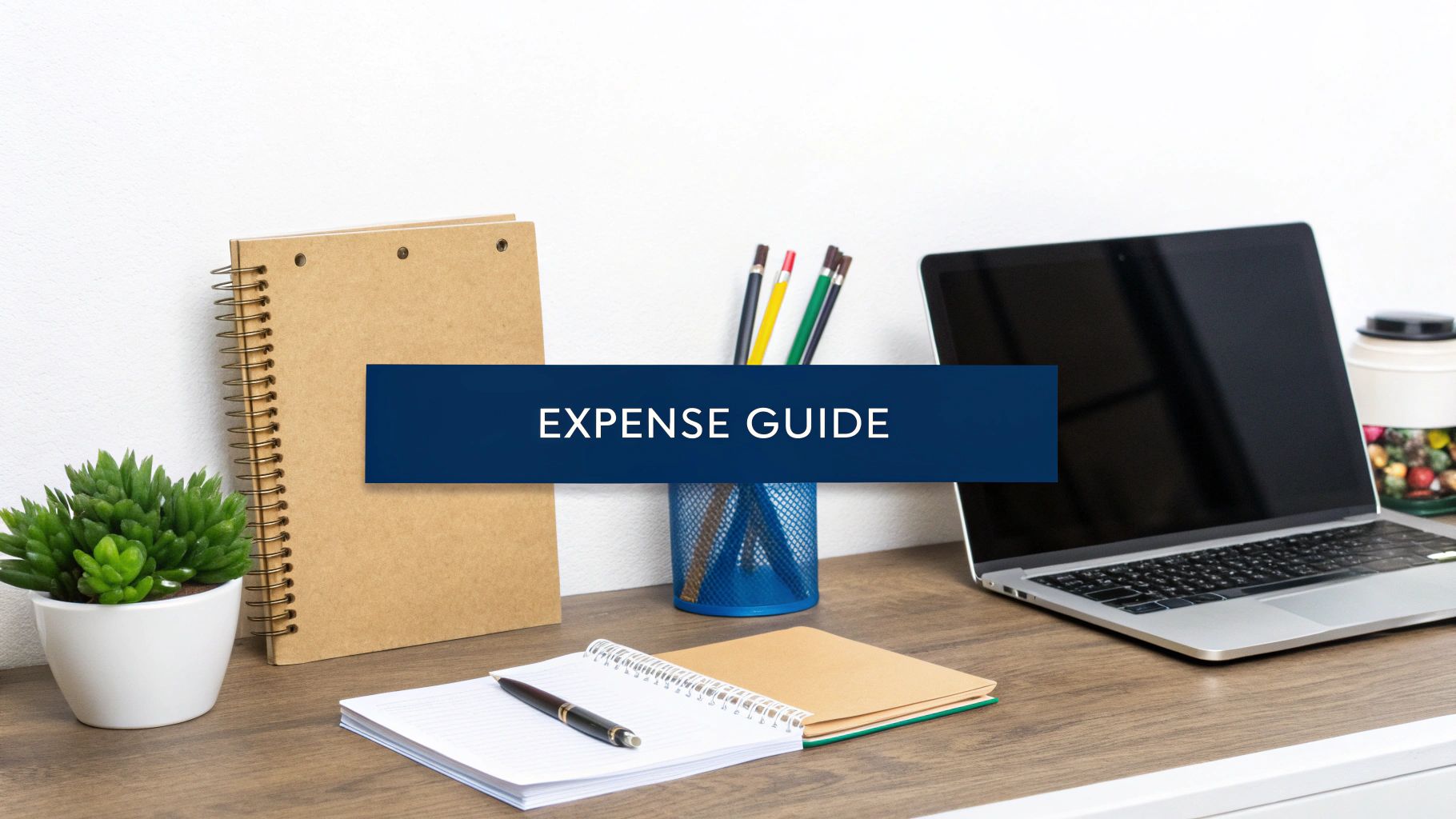 A desk with office supplies like a notepad, pens, and a laptop, symbolising the common expenses a sole trader might claim.