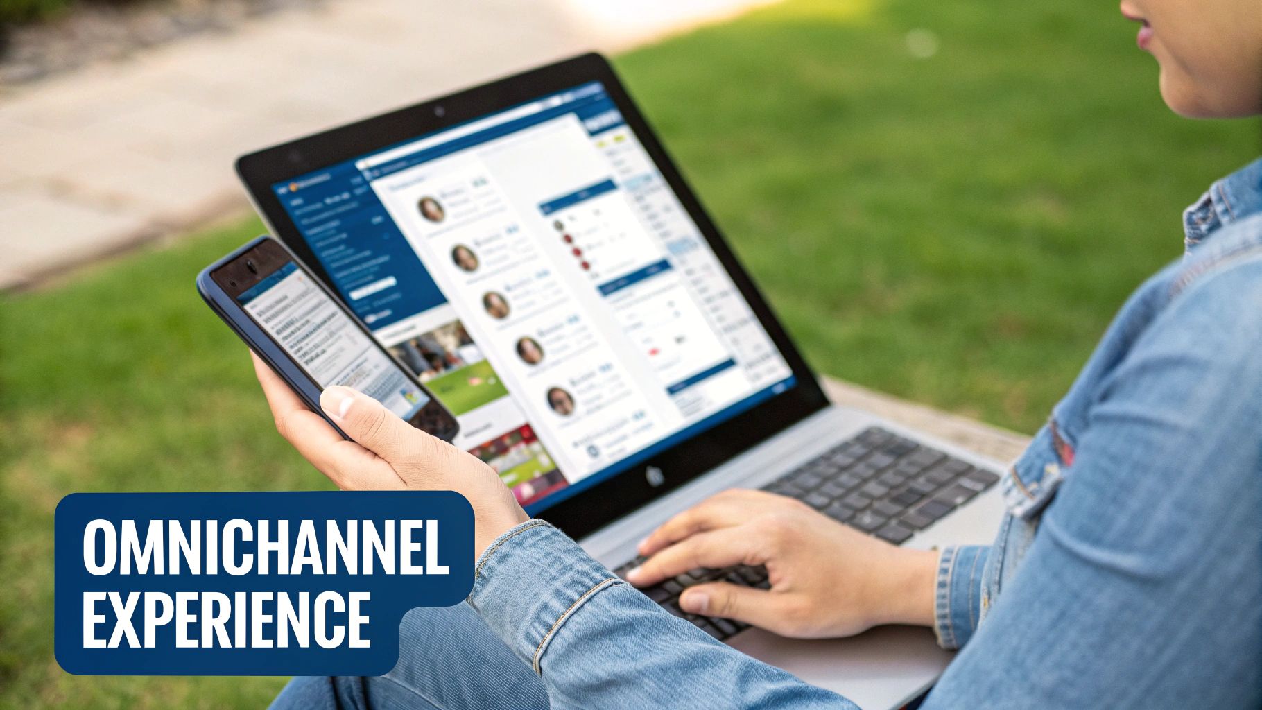 A customer service agent efficiently managing multiple communication channels like phone, email, and chat on a single computer screen.