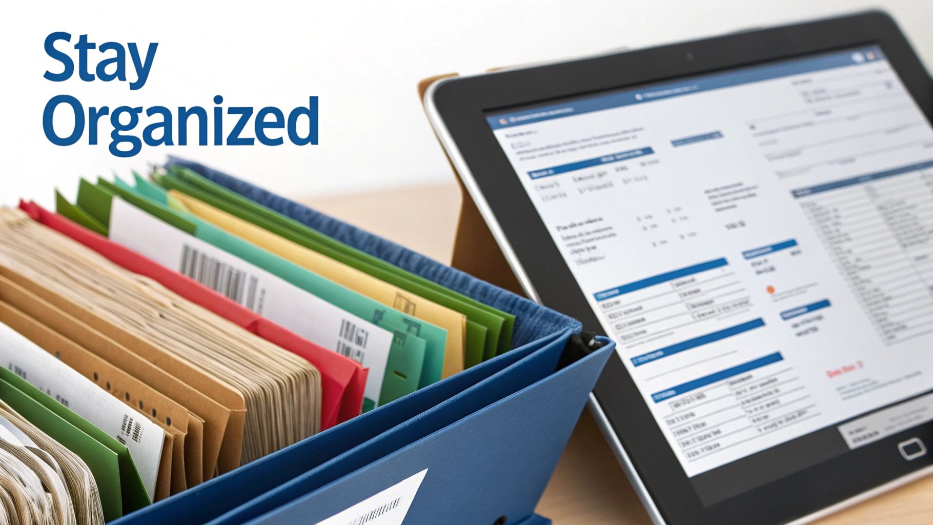 A neatly organised desk with files, a laptop, and a calculator, representing an efficient record-keeping system.
