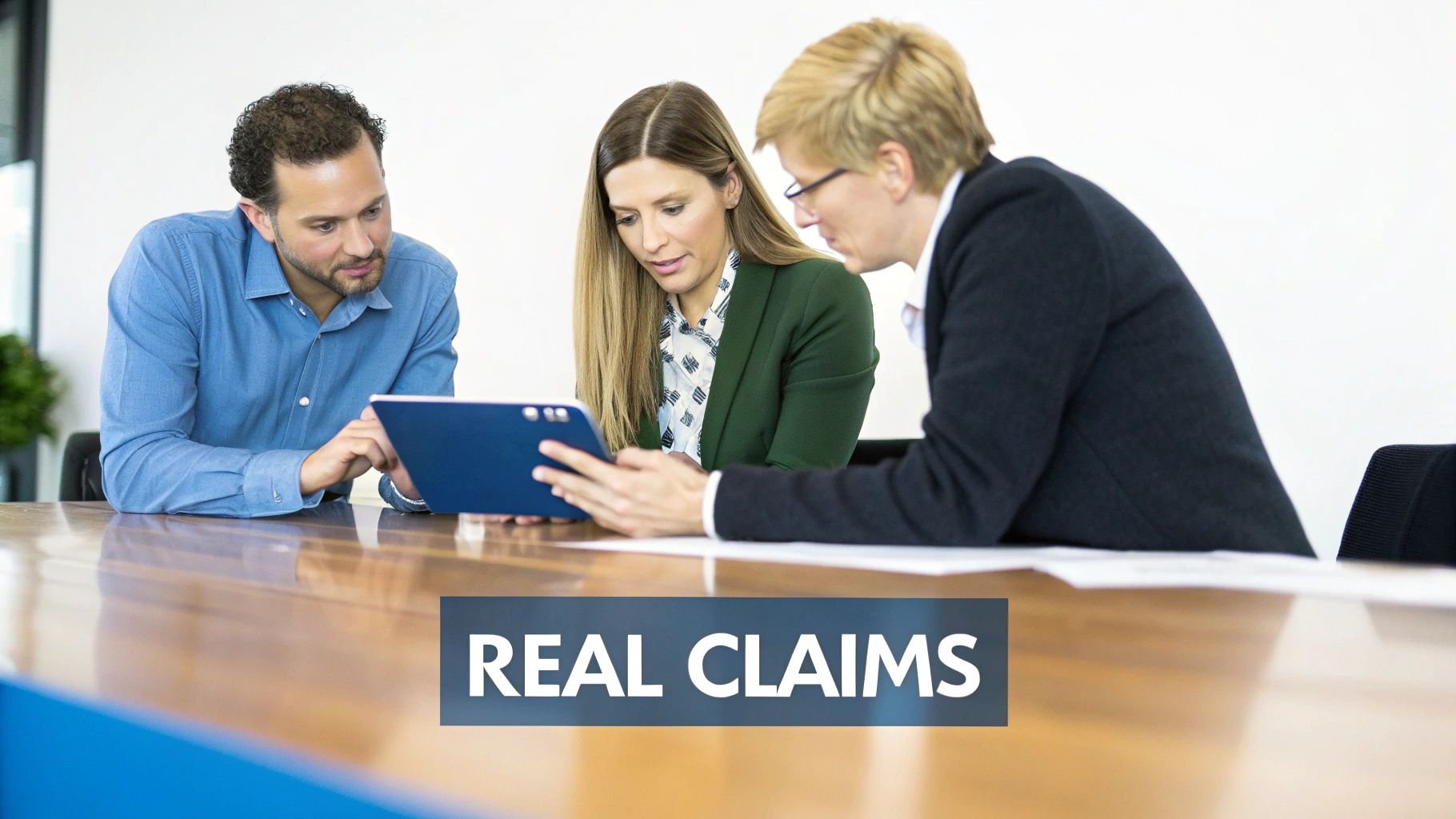 Three diverse professionals in a split-screen, each looking concerned while on the phone, representing claim scenarios.